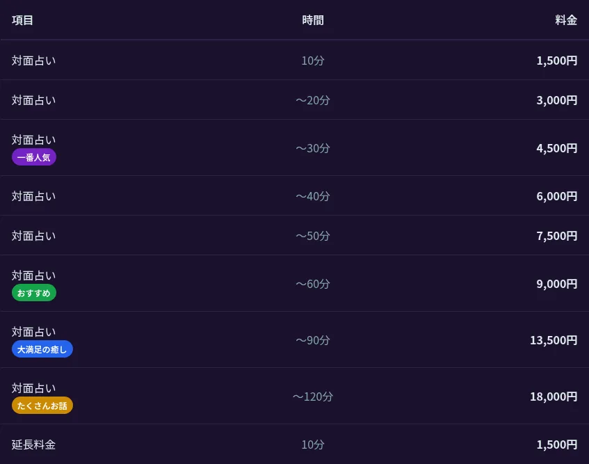 占い マリンの料金・メニュー（公式サイト）
