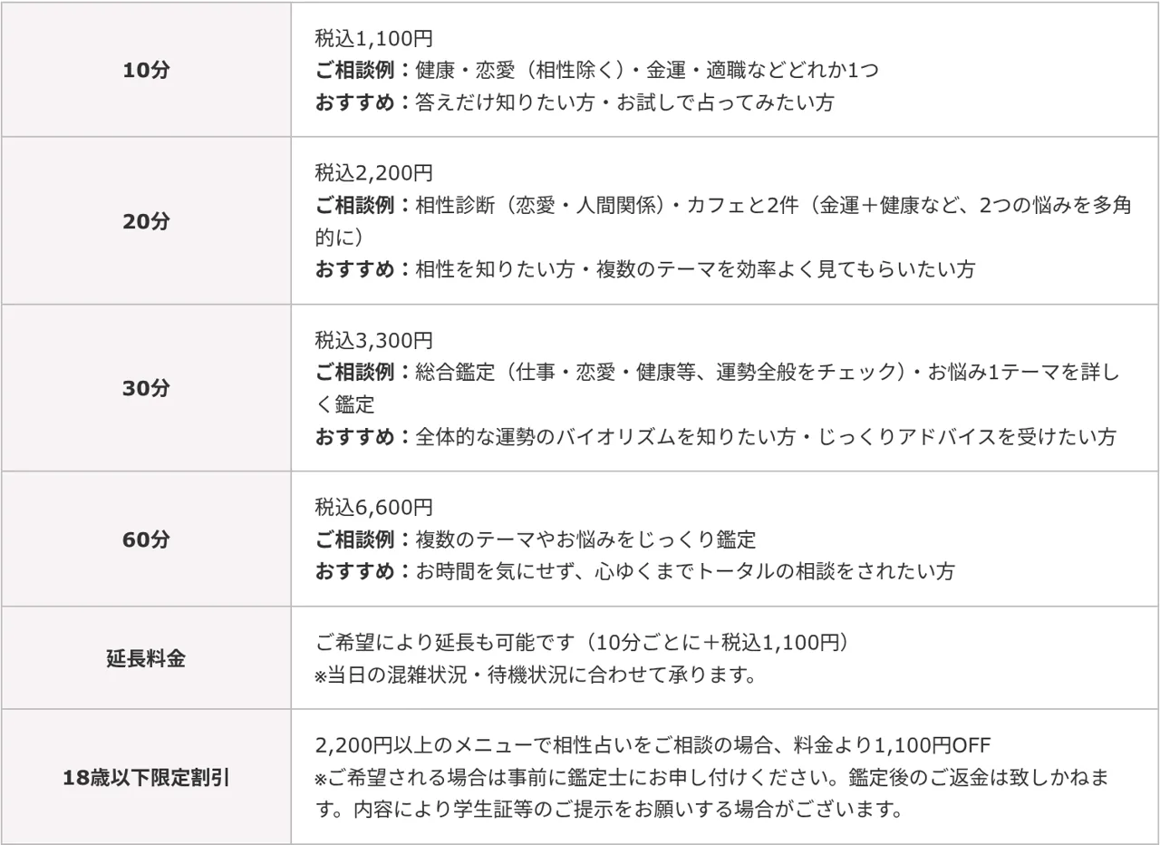 占いの館 朱門の料金・メニュー（公式サイト）