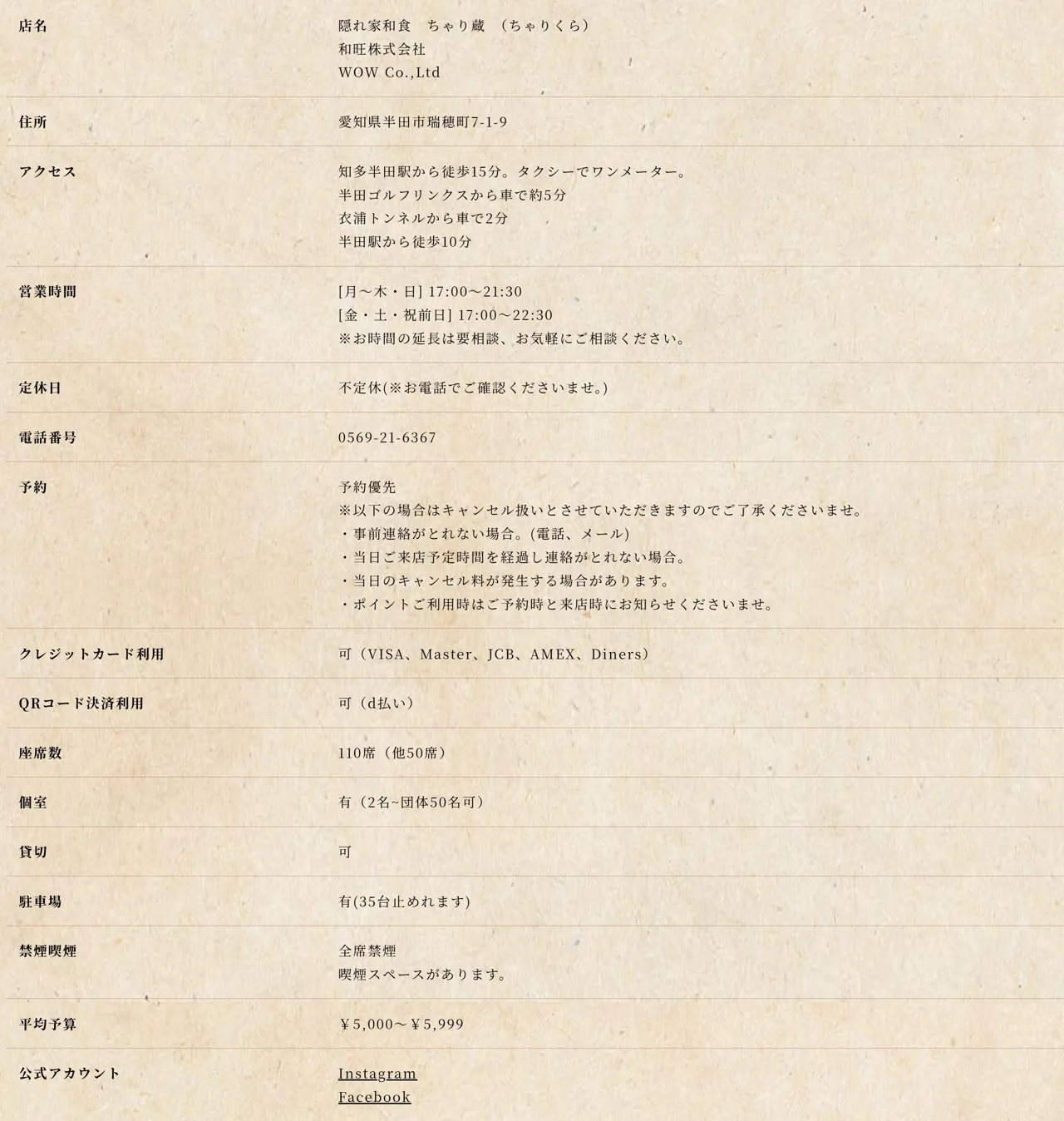 隠れ家和食個室 ちゃり蔵の予約・アクセス（公式サイト）